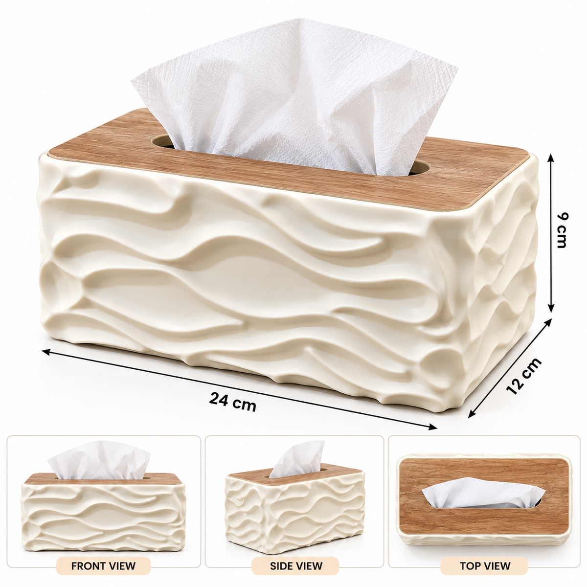 WHITE WAVE TEXTURE RECTANGULAR TISSUE BOX WITH WOODEN STYLE LID