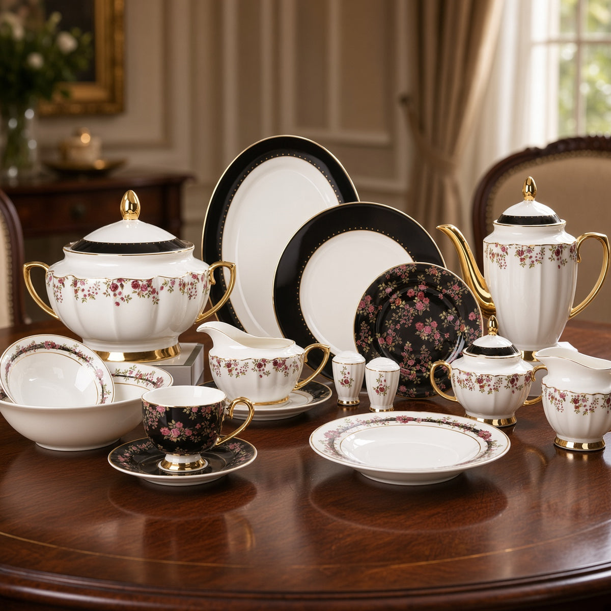 Johnson Bros Inspired Pink Rose Black Floral Patterns Bone China Dinner Set