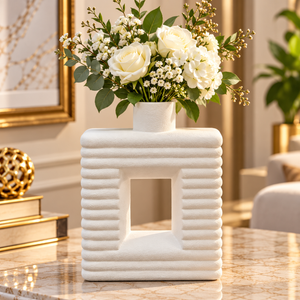 WHITE RIBBED OPEN CENTER DECORATIVE VASE - LARGE