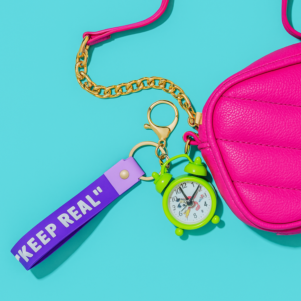 MINI ALARM CLOCK KEYCHAIN WITH “KEEP REAL” STRAP – AESTHETIC BAG CHARM