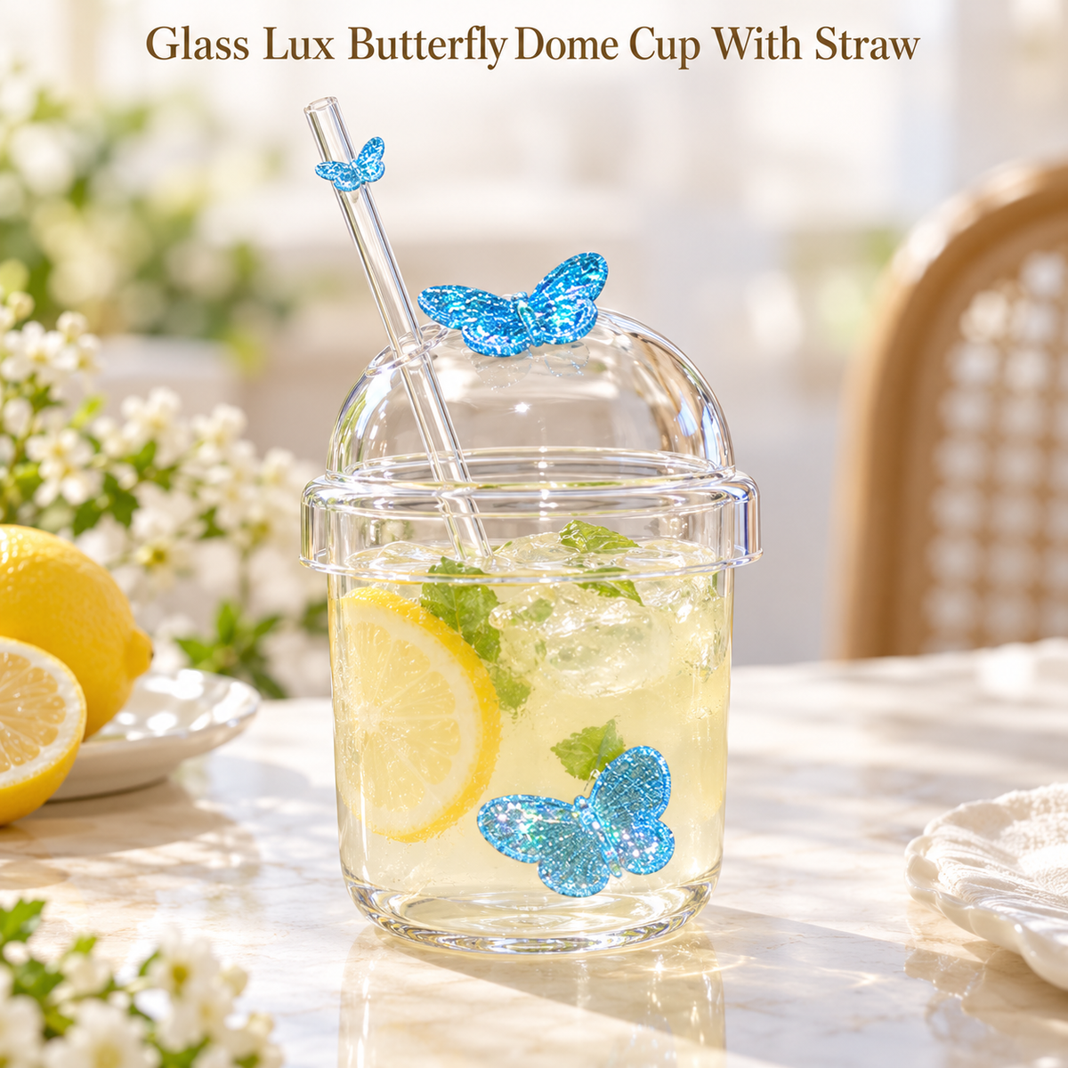 Glasslux Butterfly Dome Cup With Straw - Blue / 400 ml