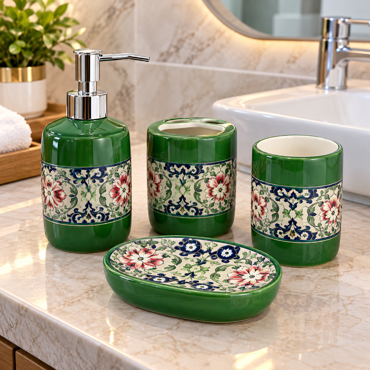Green Floral Design Ceramic Bathroom Accessory Set