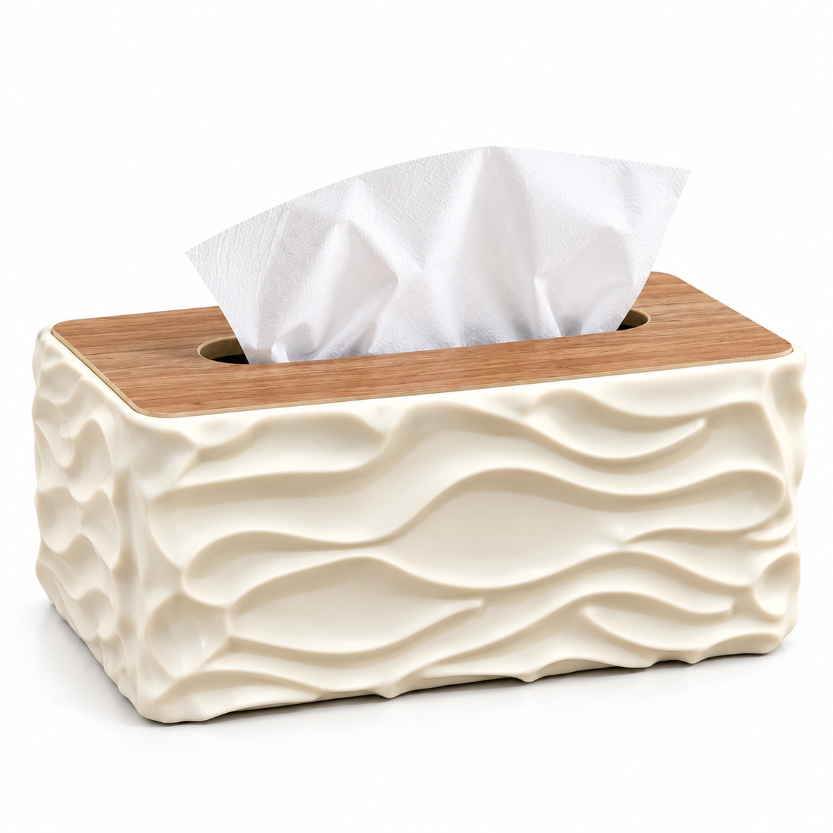 WHITE WAVE TEXTURE RECTANGULAR TISSUE BOX WITH WOODEN STYLE LID