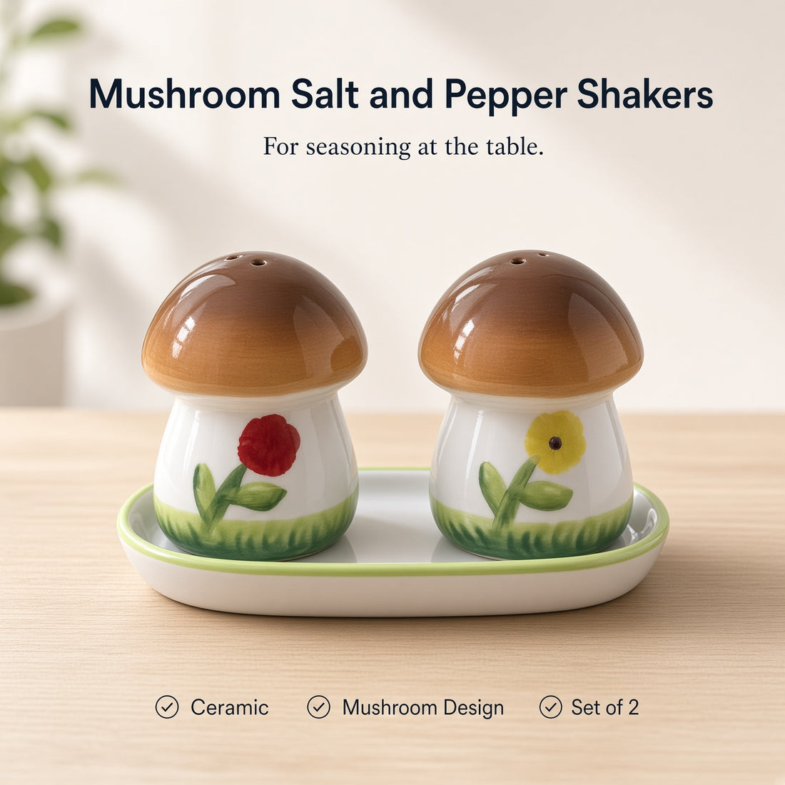 Kitchlux Ceramic Salt and Pepper Shakers -  Cute Mushroom