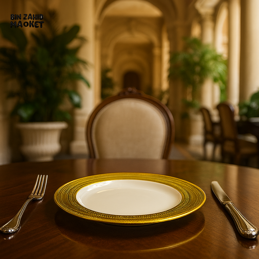 8.5 INCH LUXURY GOLD RIM DINNER PLATE – PREMIUM CERAMIC ROUND SERVING DISH FOR FINE DINING