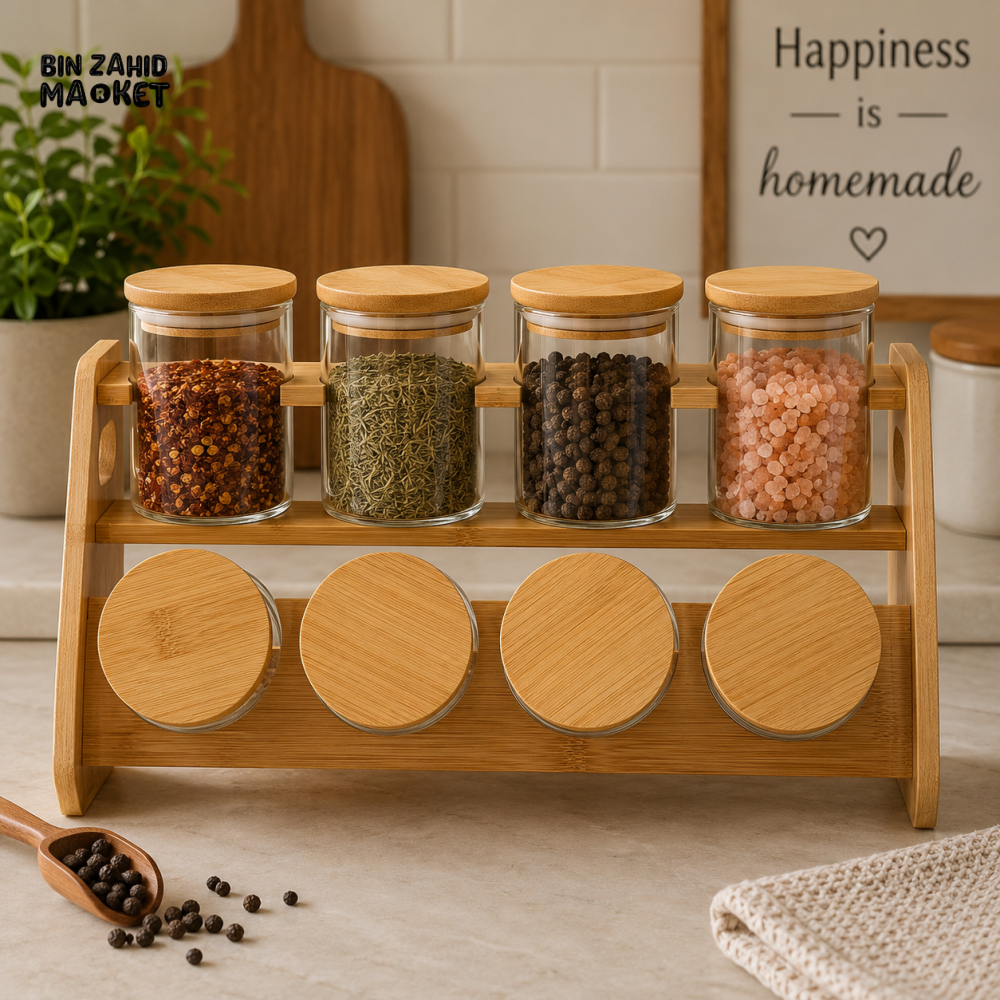 8-JAR GLASS SPICE STORAGE RACK WITH BAMBOO LIDS