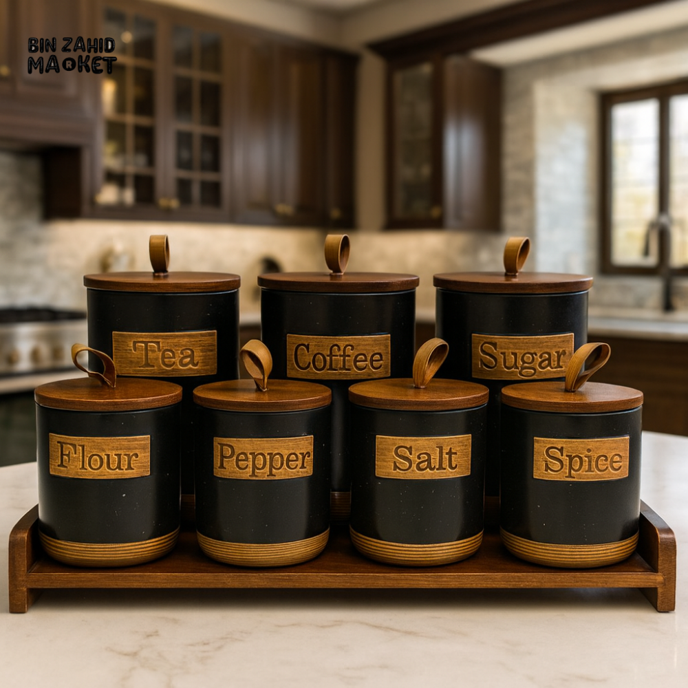 8 PIECE BLACK STORAGE JAR SET WITH WOODEN LIDS & TRAY – TEA, COFFEE, SUGAR, SPICE CONTAINERS FOR LUXURY KITCHEN ORGANIZATION - BLACK
