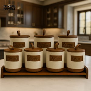 8 PIECE BLACK STORAGE JAR SET WITH WOODEN LIDS & TRAY – TEA, COFFEE, SUGAR, SPICE CONTAINERS FOR LUXURY KITCHEN ORGANIZATION - WHITE