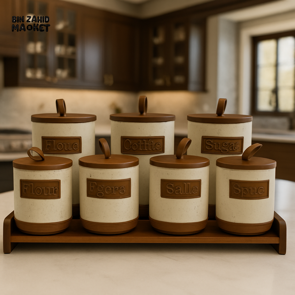 8 PIECE BLACK STORAGE JAR SET WITH WOODEN LIDS & TRAY – TEA, COFFEE, SUGAR, SPICE CONTAINERS FOR LUXURY KITCHEN ORGANIZATION - WHITE