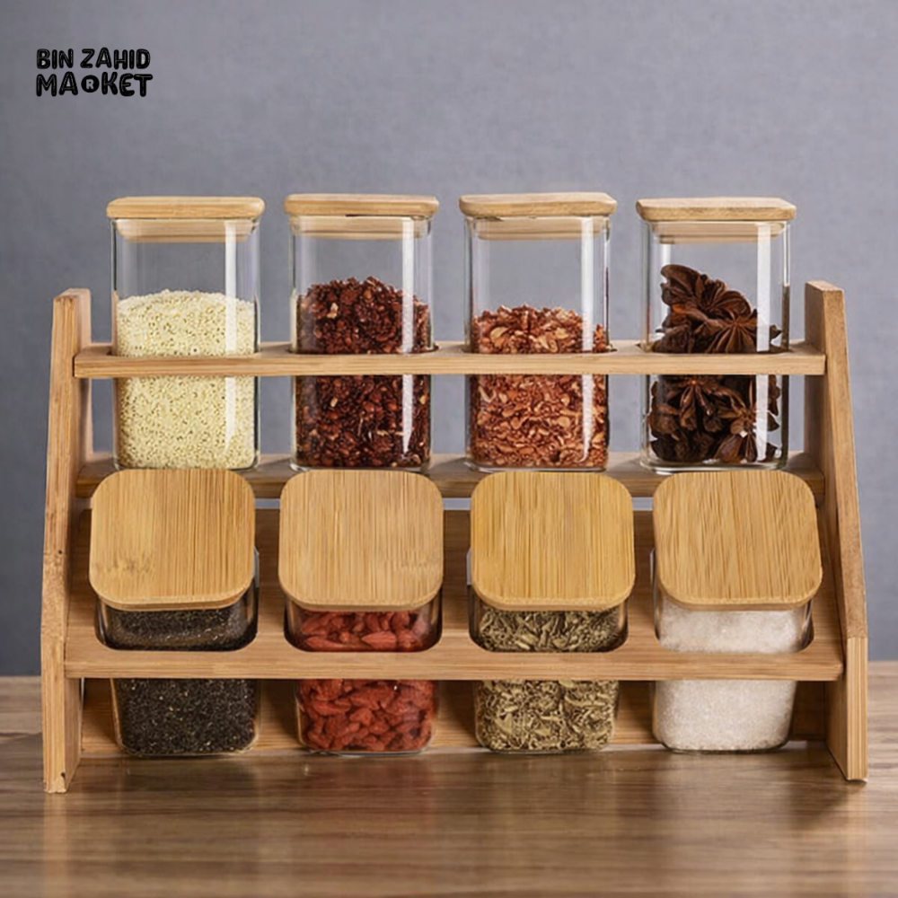 8-PIECE GLASS JAR SET WITH WOODEN STAND – KITCHEN SPICE ORGANIZER