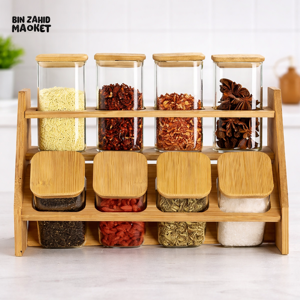 8-PIECE GLASS JAR SET WITH WOODEN STAND – KITCHEN SPICE ORGANIZER