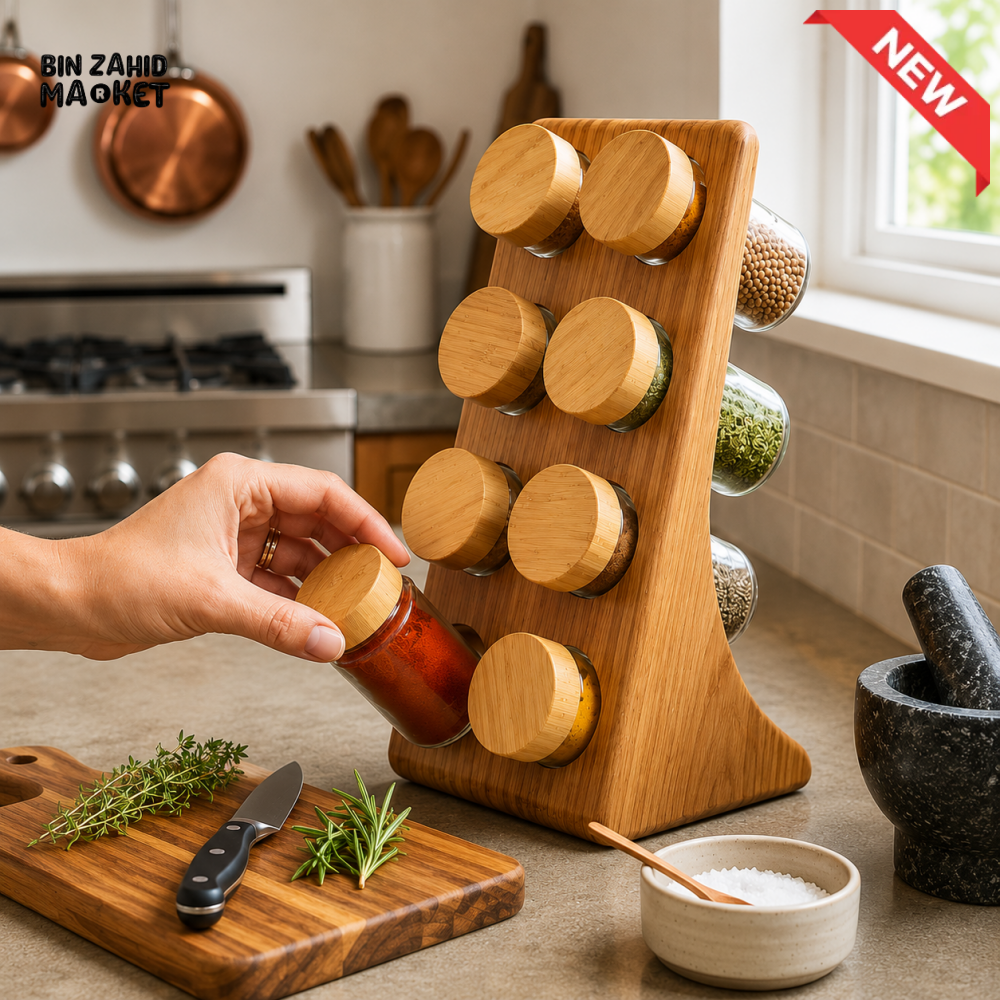 8-PIECE GLASS SPICE JAR SET WITH BAMBOO LIDS AND WOODEN STORAGE RACK
