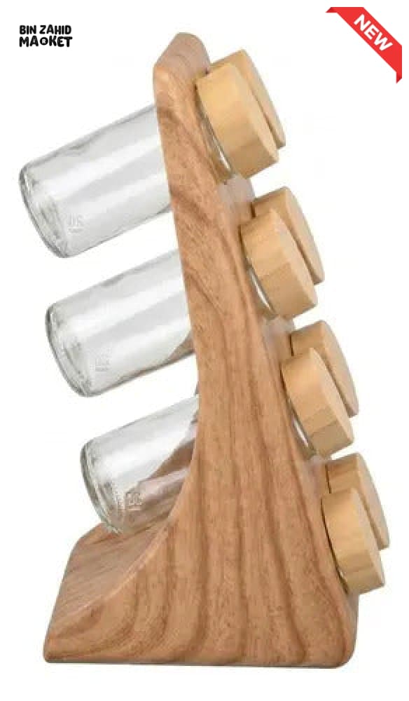 8-PIECE GLASS SPICE JAR SET WITH BAMBOO LIDS AND WOODEN STORAGE RACK