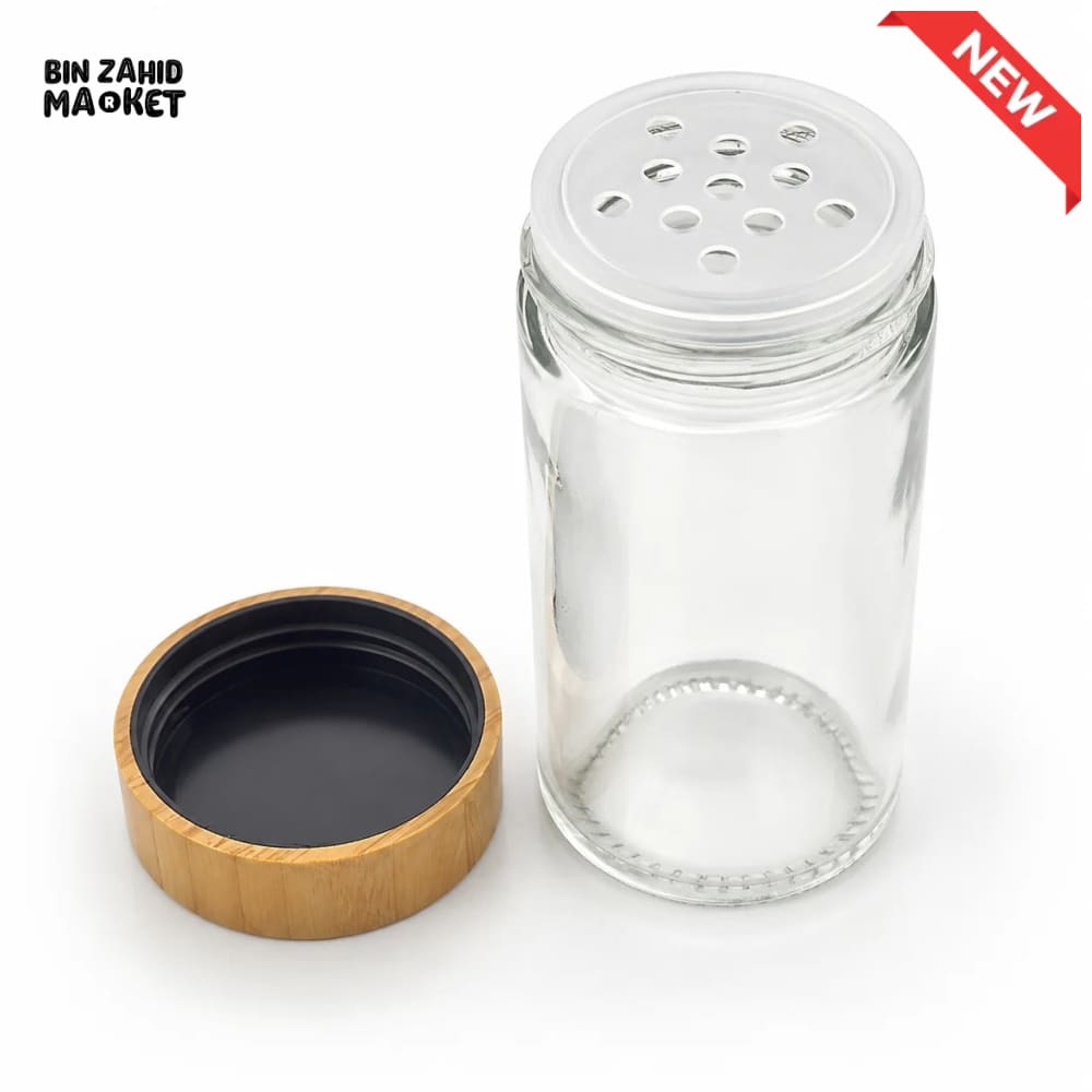 8-PIECE GLASS SPICE JAR SET WITH BAMBOO LIDS AND WOODEN STORAGE RACK