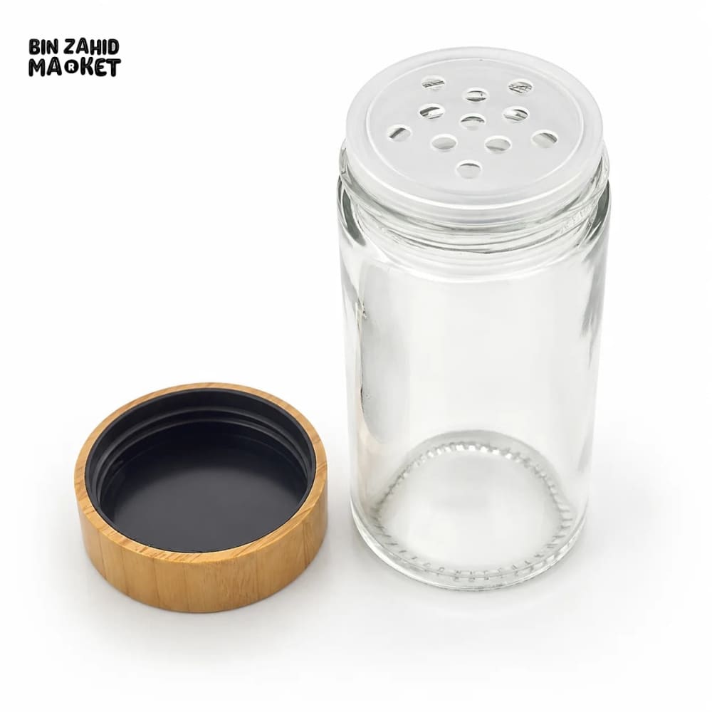 8-PIECE GLASS SPICE JAR SET WITH BAMBOO LIDS AND WOODEN STORAGE RACK