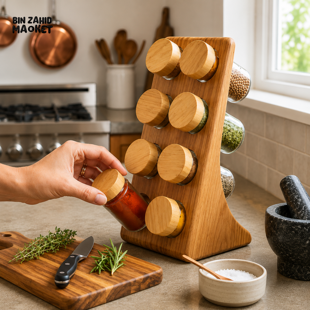 8-PIECE GLASS SPICE JAR SET WITH BAMBOO LIDS AND WOODEN STORAGE RACK