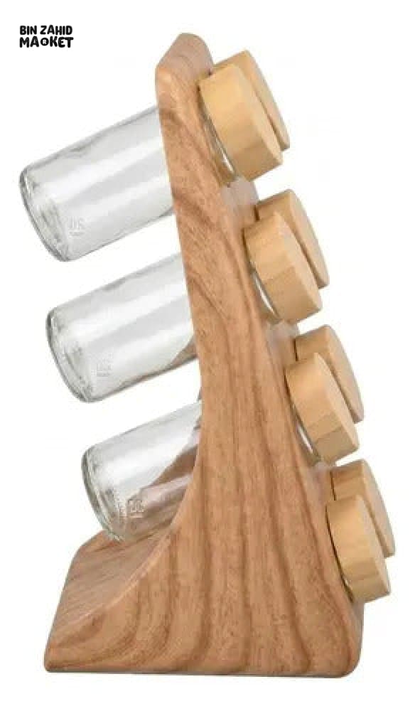 8-PIECE GLASS SPICE JAR SET WITH BAMBOO LIDS AND WOODEN STORAGE RACK