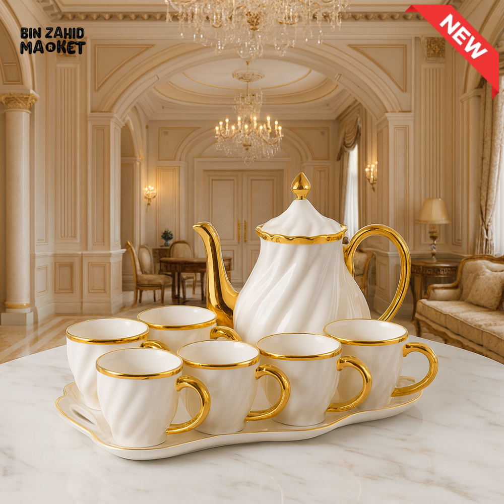 8 PIECES LUXURY TEA SET – ELEGANT PORCELAIN WITH GOLD TRIM - ZQ-148-8
