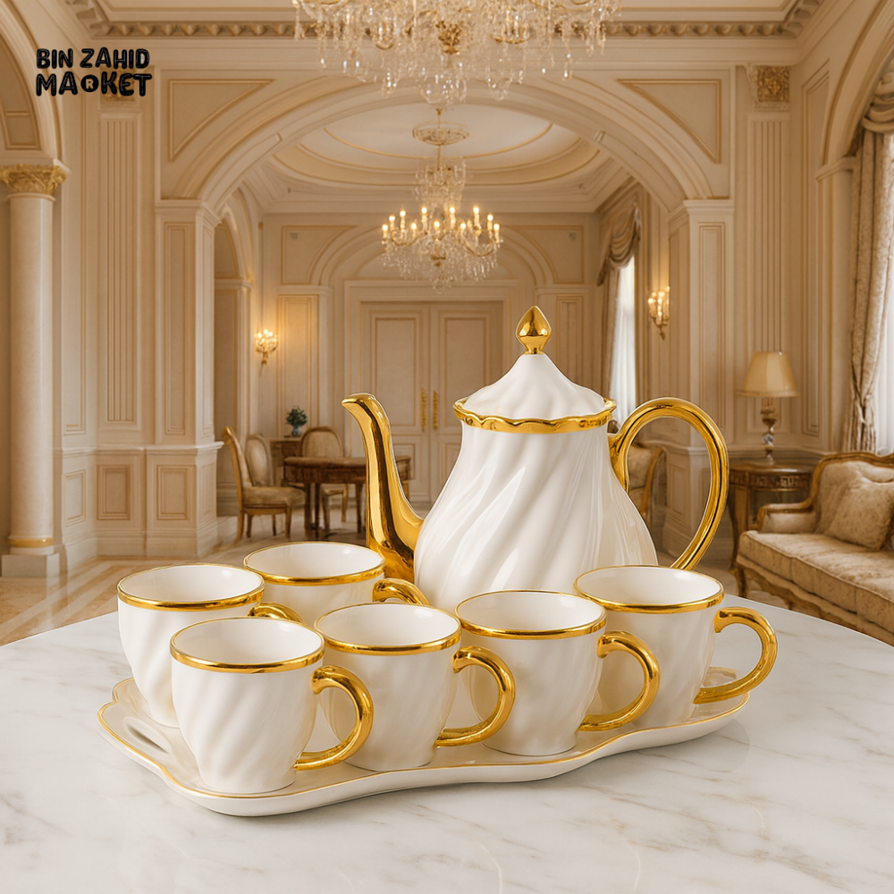 8 PIECES LUXURY TEA SET – ELEGANT PORCELAIN WITH GOLD TRIM - ZQ-148-8