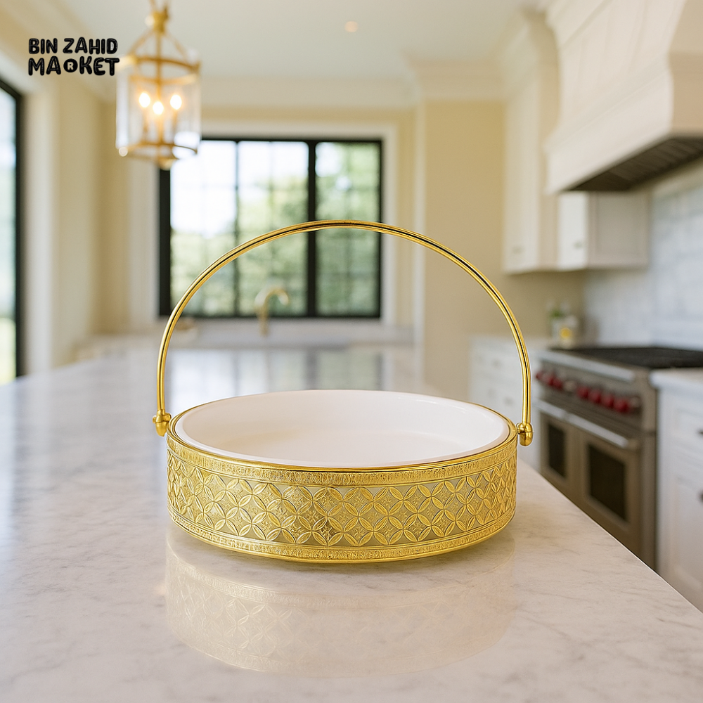 8" ROUND LUXURY SERVING PLATE WITH STAND – ELEGANT GOLD DISPLAY DISH FOR DINING & DÉCOR