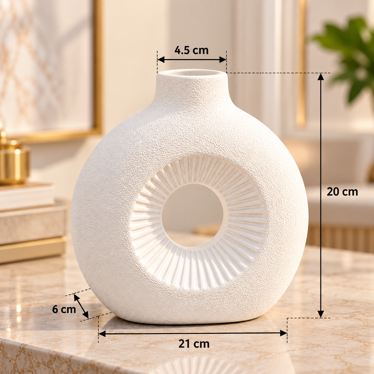 WHITE ROUND OPEN CENTER DECORATIVE VASE - SMALL