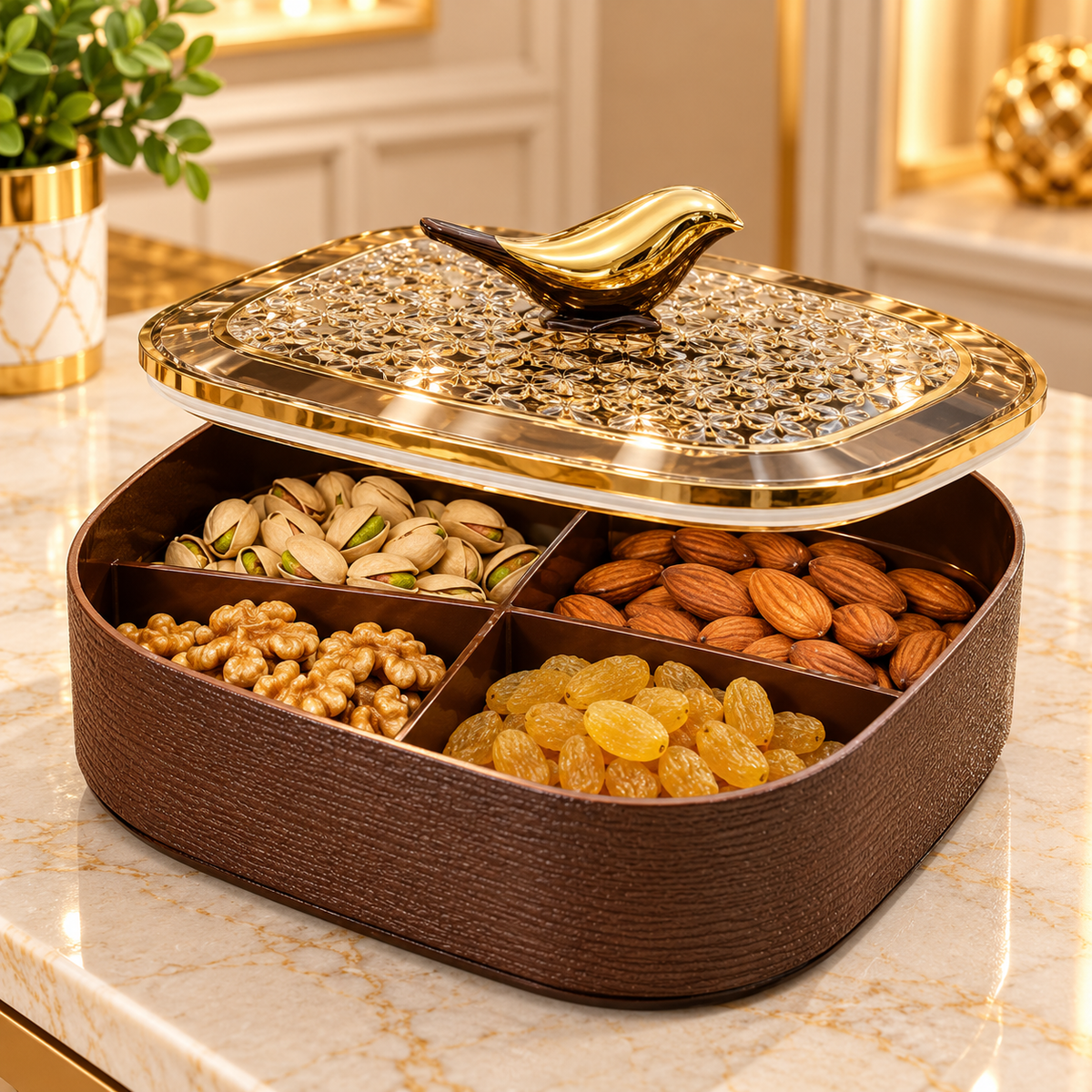 LUXURY BROWN & GOLD 4 COMPARTMENT DRY FRUIT BOX WITH BIRD HANDLE LID