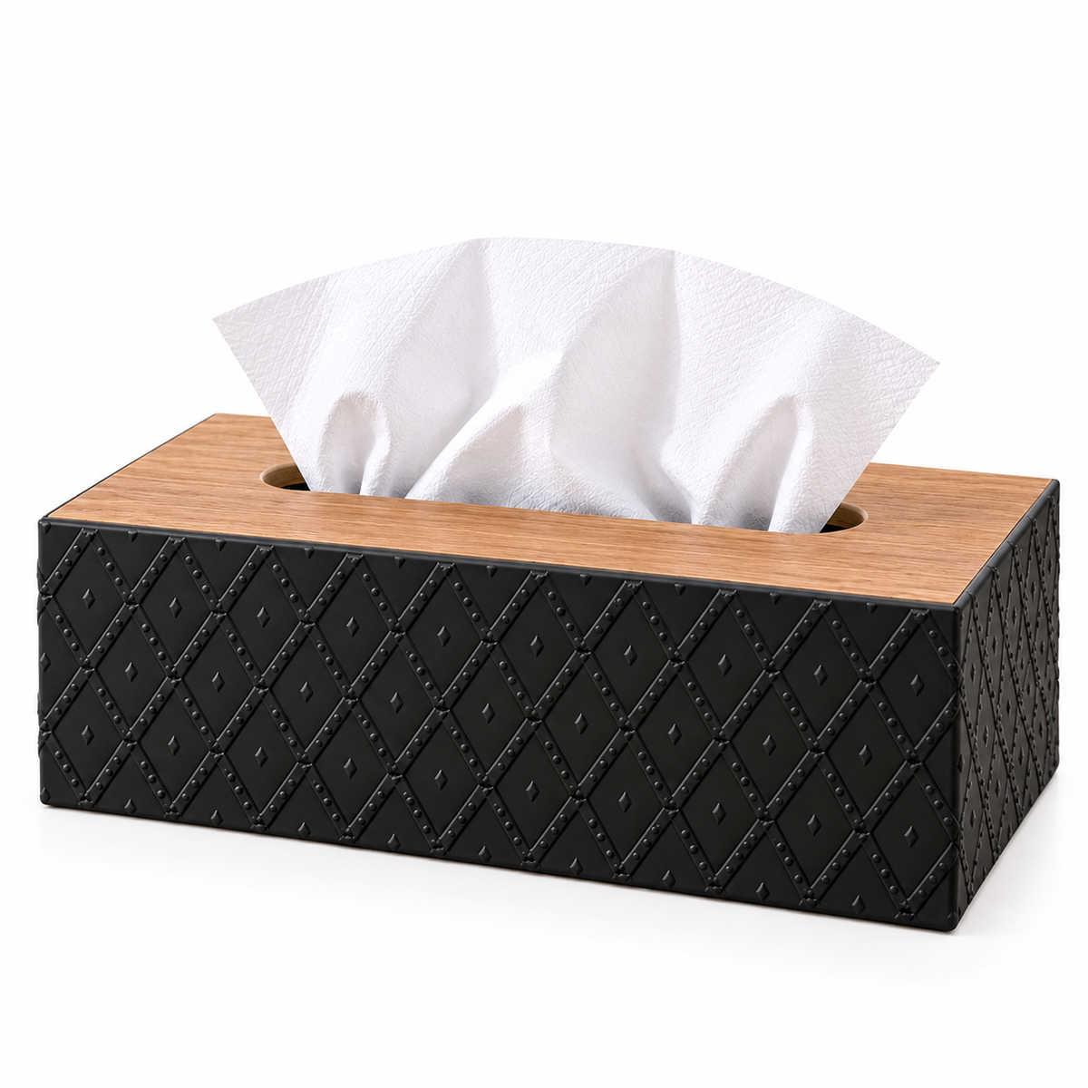 BLACK DIAMOND TEXTURE RECTANGULAR TISSUE BOX WITH WOODEN STYLE LID