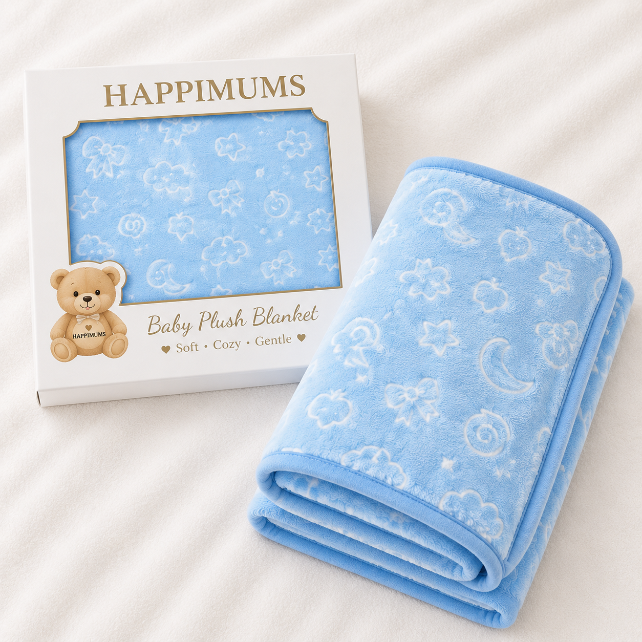HAPPIMUMS BABY PLUSH SLEEPING BLANKET DOUBLE PLY CLOUD & BOW 110 x 80 - BLUE
