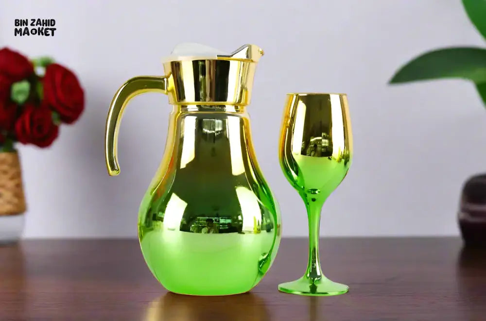 7 PIECE LUXURY ROYAL GOLD GLASS WATER SET FOR HOME & DINING - GREEN