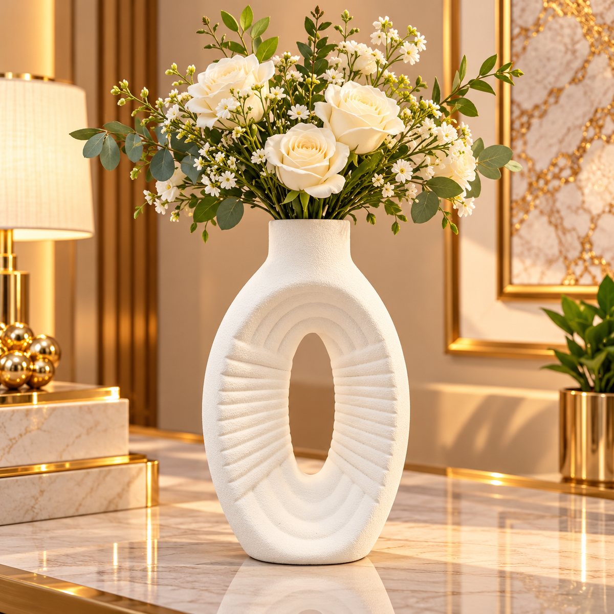 WHITE TALL OVAL RIBBED OPEN CENTER DECORATIVE VASE - LARGE
