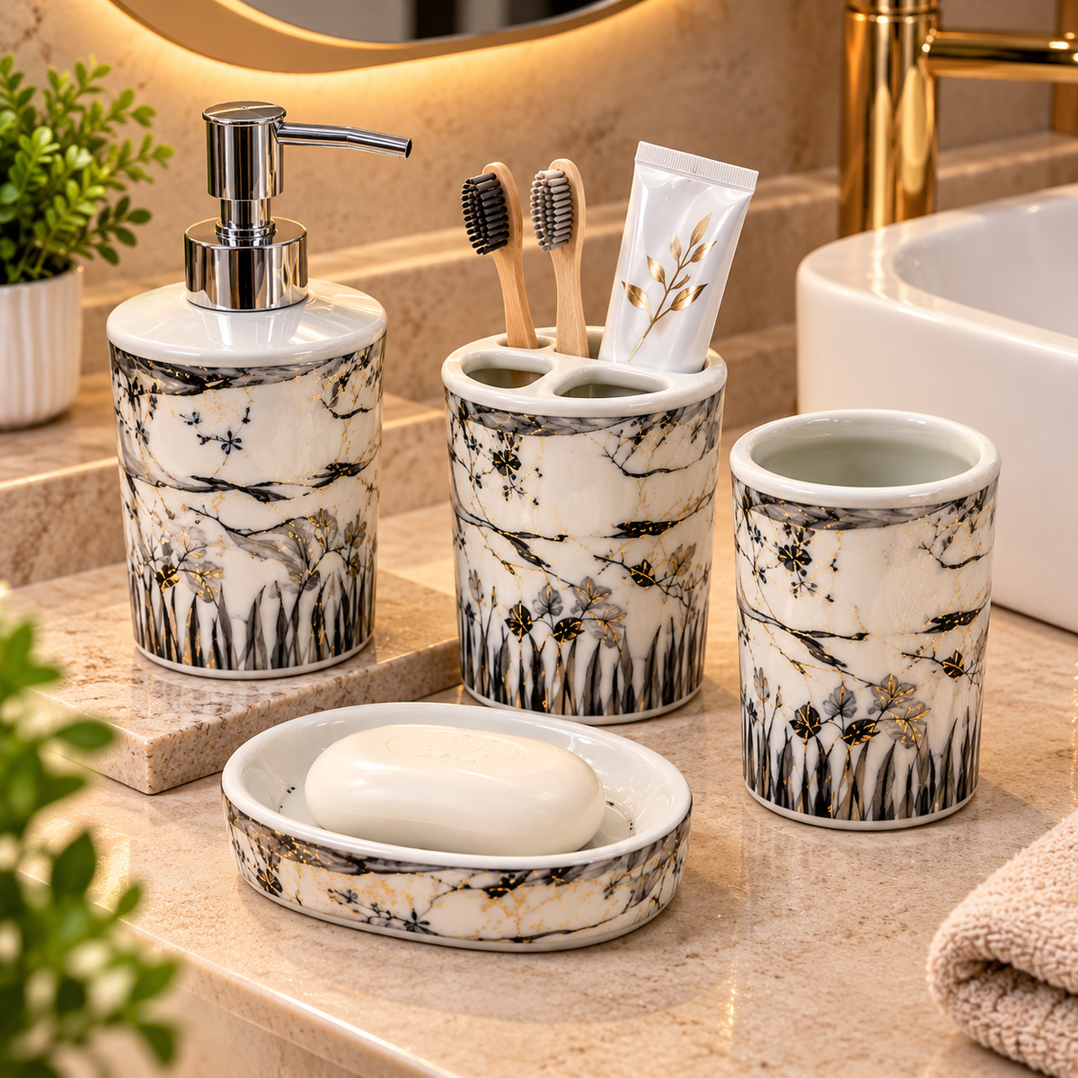 WHITE & BLACK MARBLE FLORAL DESIGN CERAMIC BATHROOM ACCESSORY SET