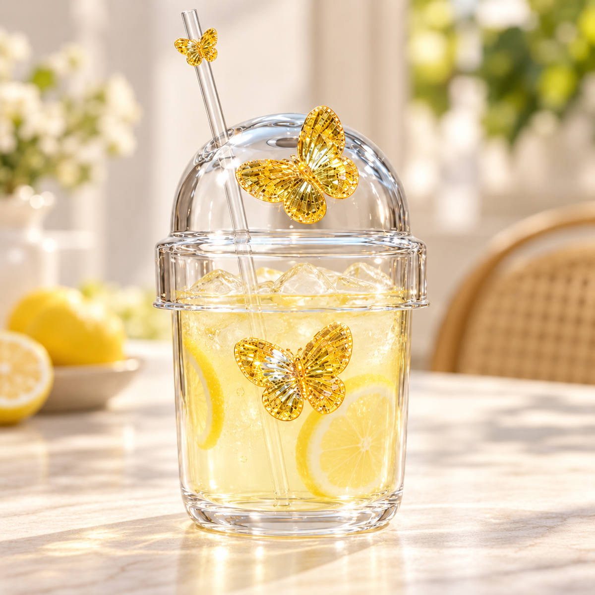 Glasslux Butterfly Dome Cup With Straw - Orange / 400 ml
