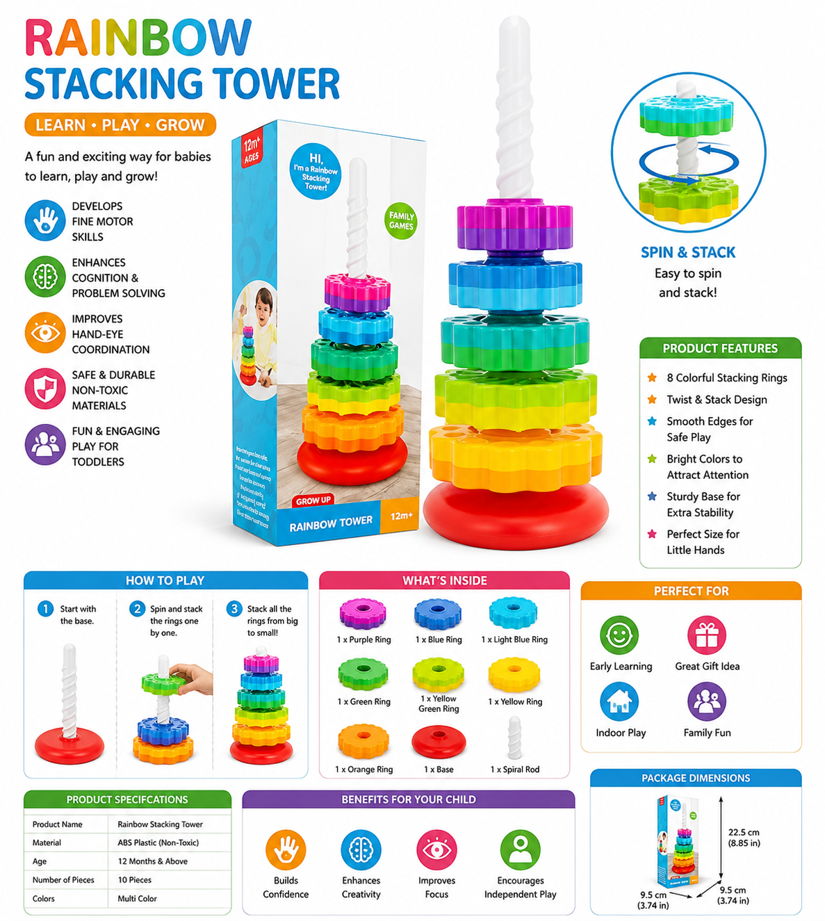 RAINBOW SPIN &amp; STACK RING TOWER TOY