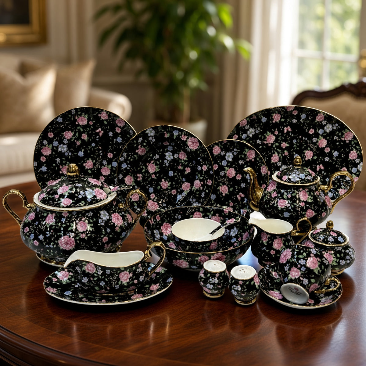 Royal Albert Inspired Black Pieces With Pink and Blue Floral Print 75 Pieces 8 Persons Serving Bone China Dinner Set
