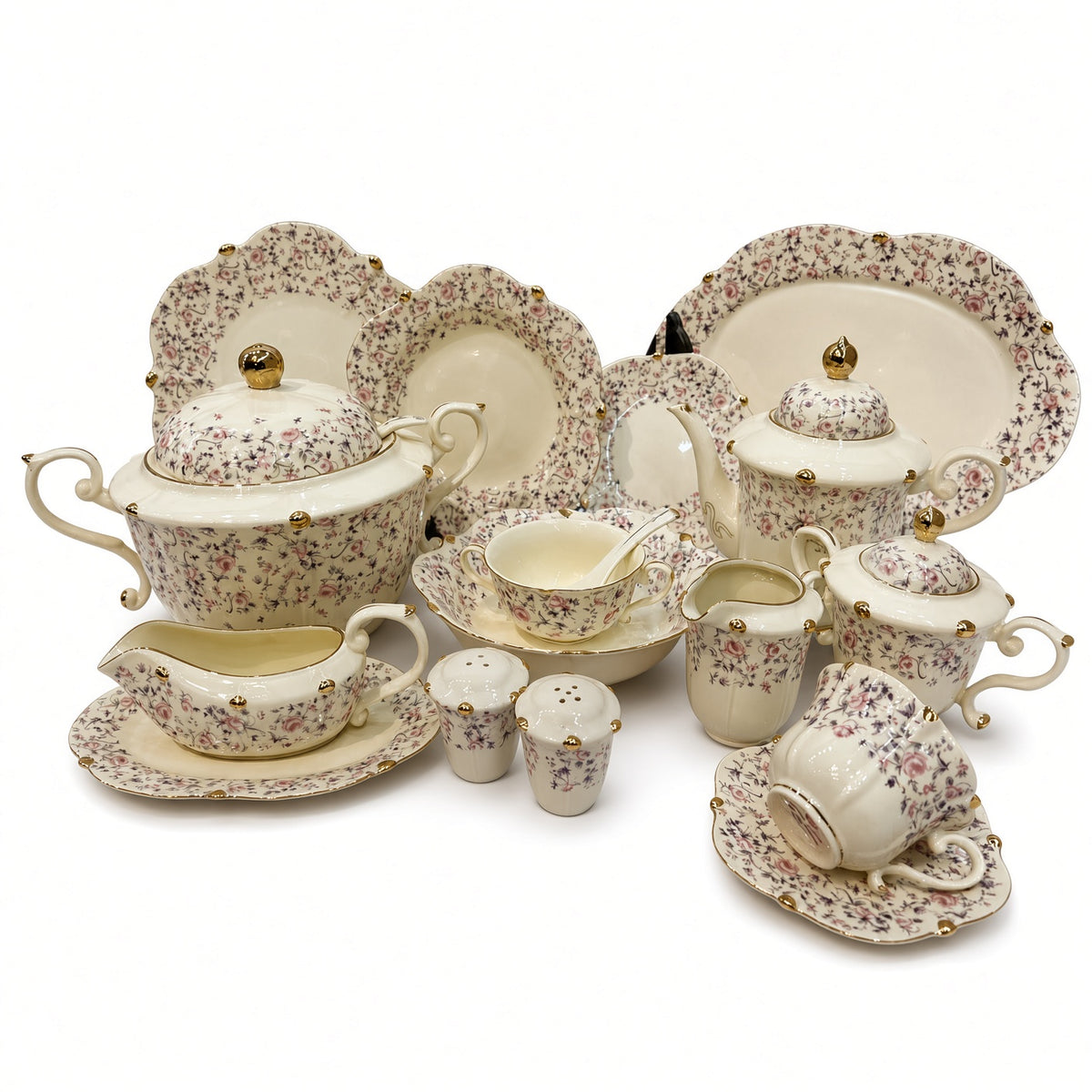 Royal Albert Inspired Cream Set Pink Floral & Gold Trims 75 Pieces 8 Persons Serving Bone China Dinner Set