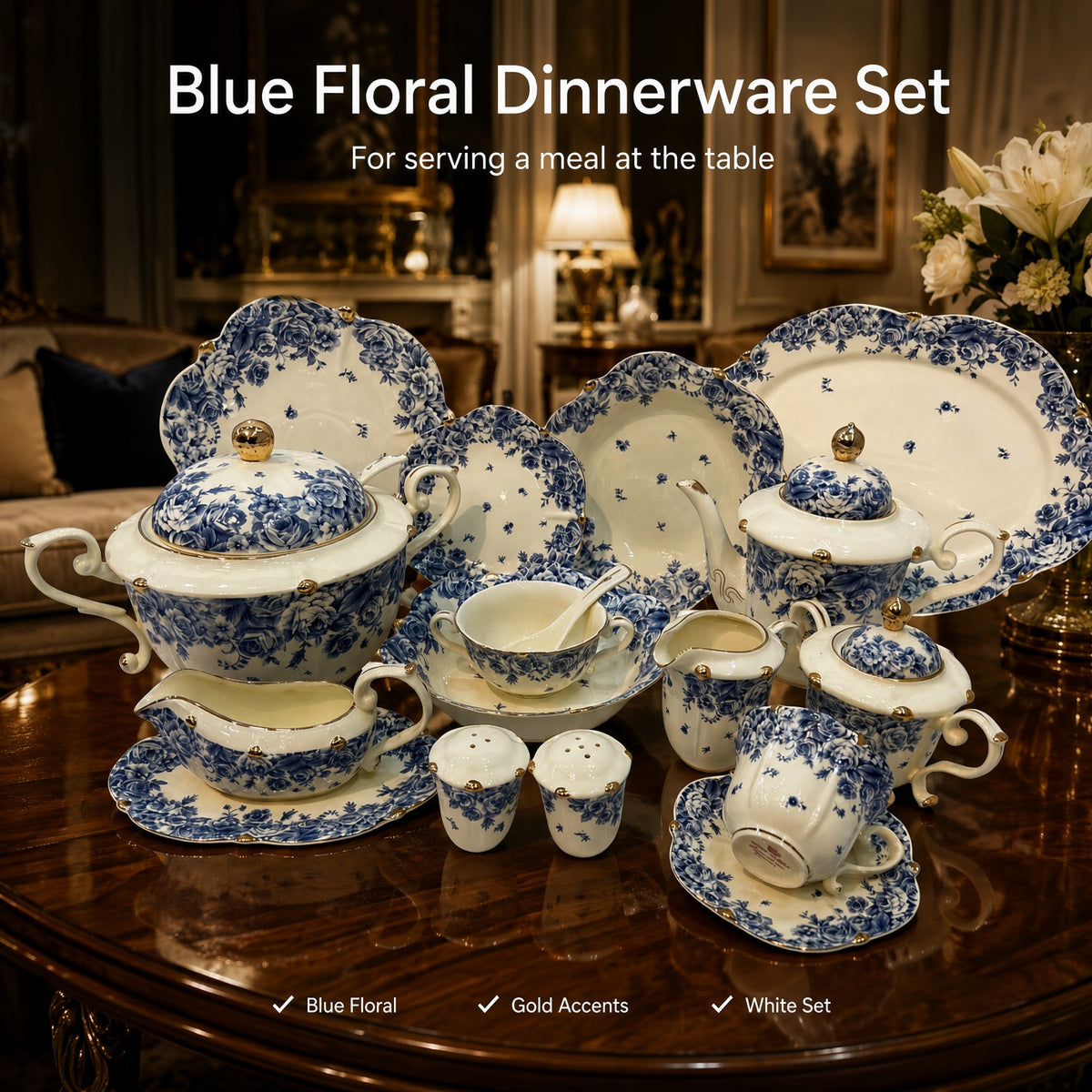Royal Albert Inspired Blue Floral Patterns 75 Pieces 8 Persons Serving Bone China Dinner Set