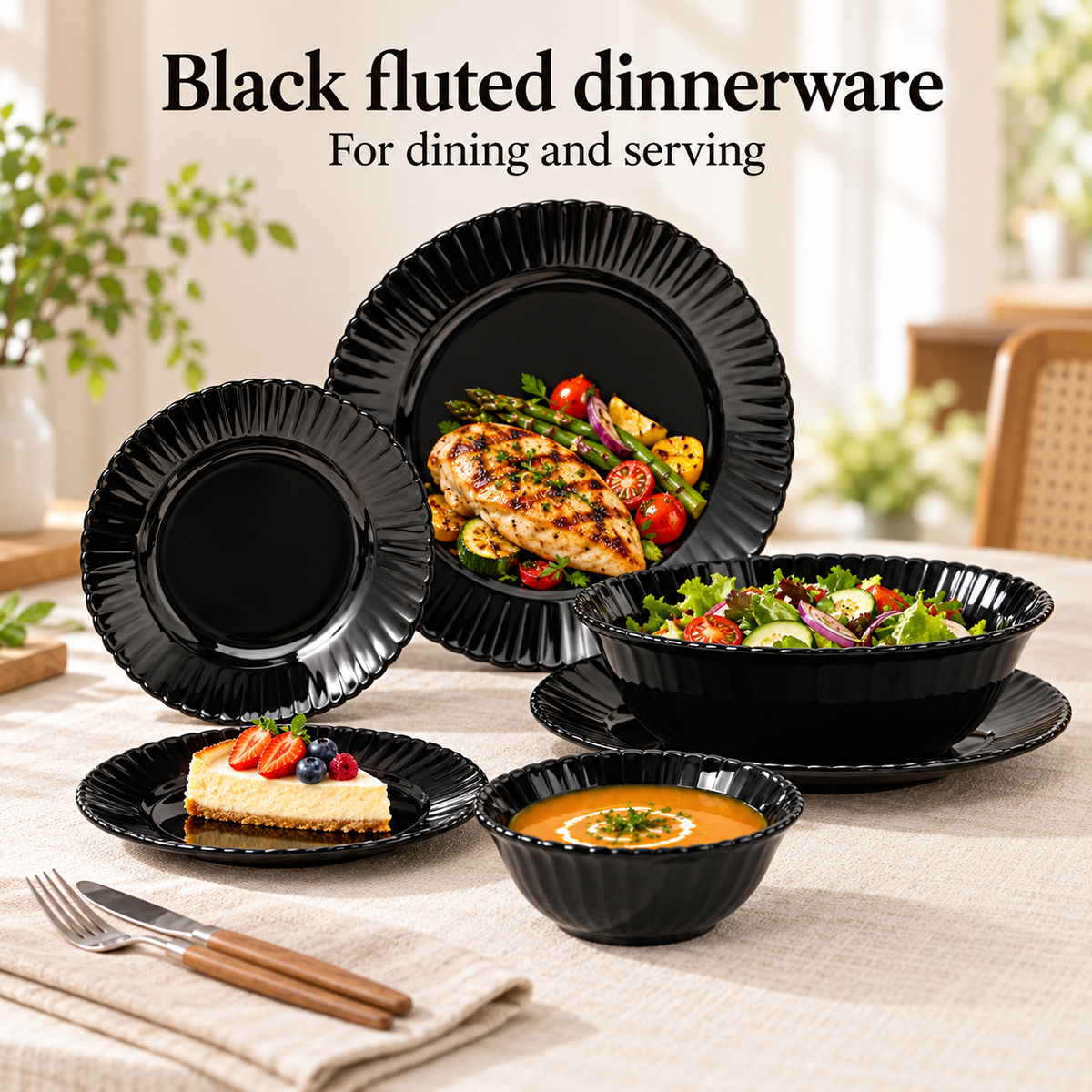 Danny Home Black Fluted Dinnerware - 26 Pieces