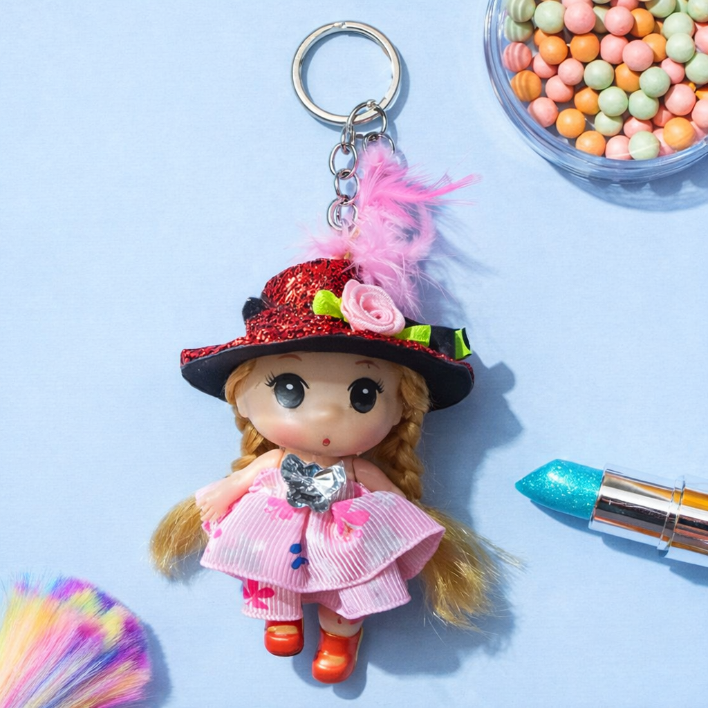 CUTE DOLL KEYCHAIN WITH GLITTER HAT & FEATHER