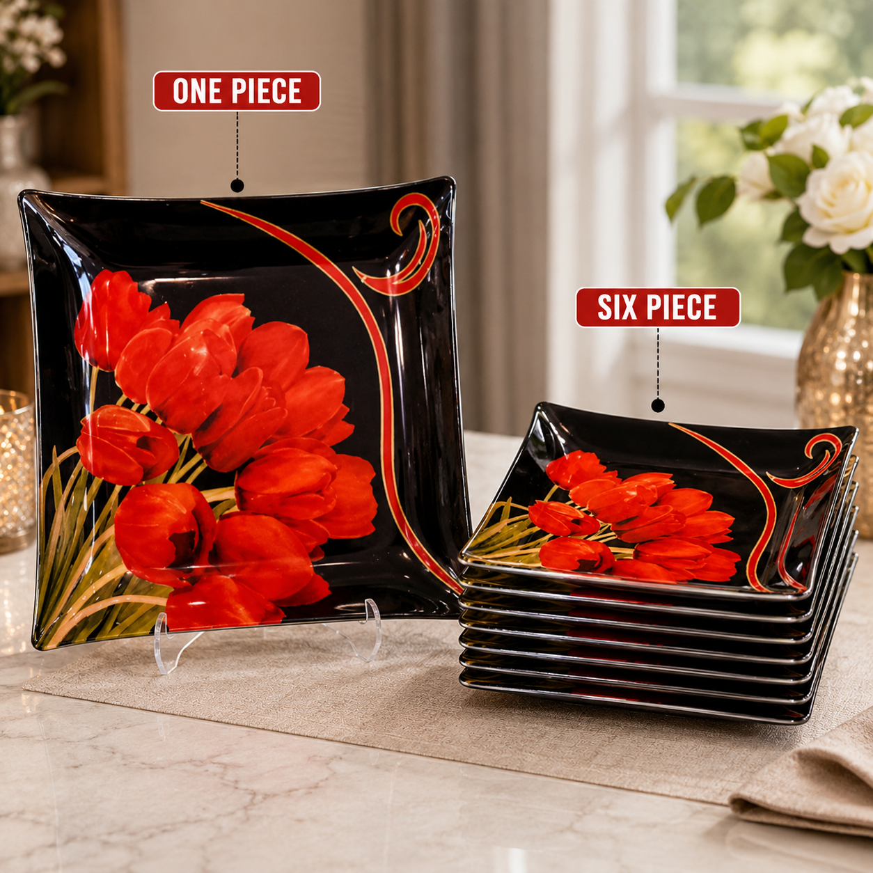 ARCOFAM 7 PCS SQUARE GLASS DESSERT PLATE SET – BLACK BELERIAN
