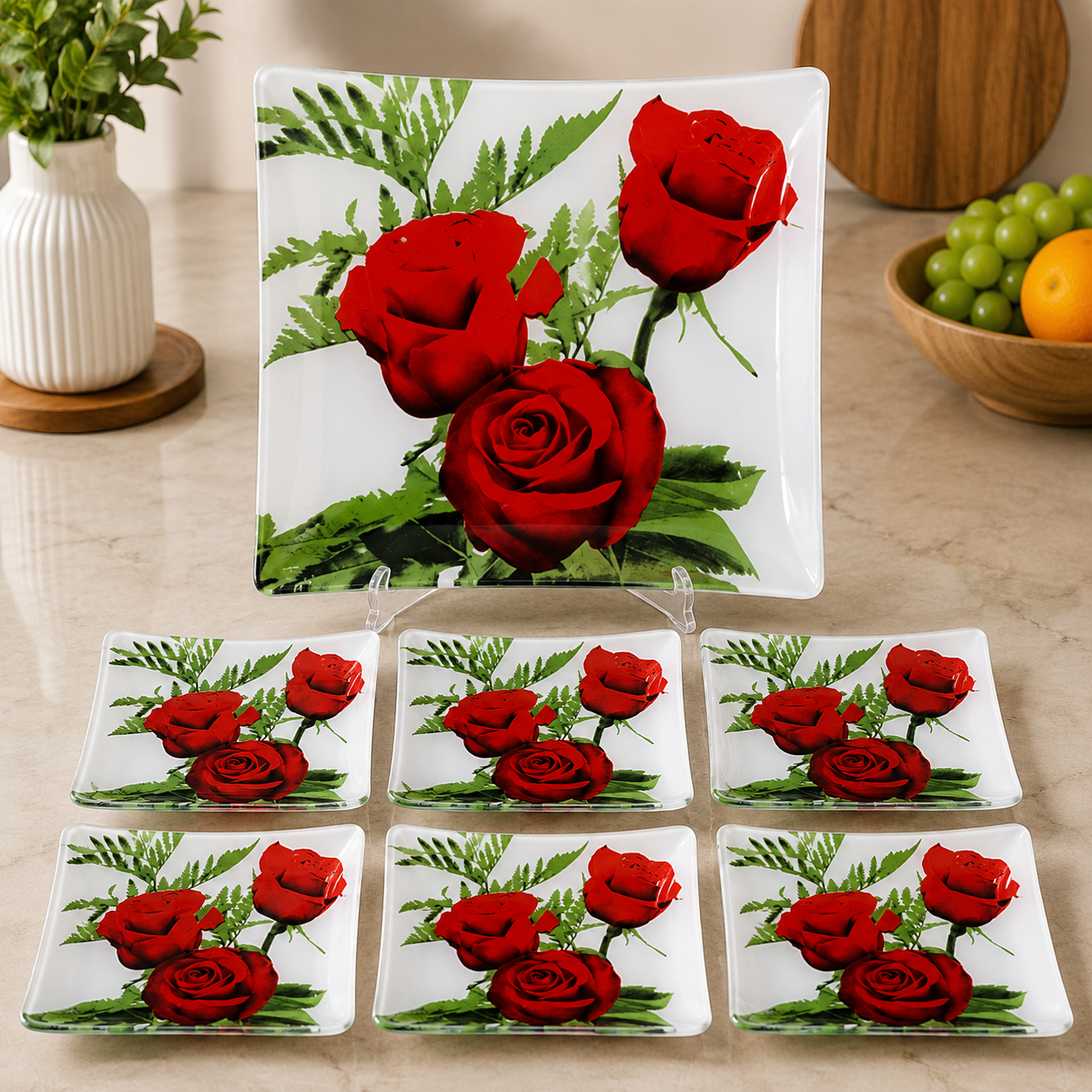 ARCOFAM RED ROSE GLASS SERVING 7 PIECE PLATE SET - NOBAHAR