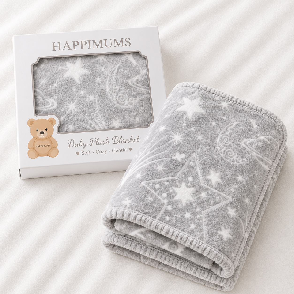 HAPPIMUMS BABY PLUSH SLEEPING BLANKET DOUBLE PLY MOON & STARS 110 x 80 - GREY