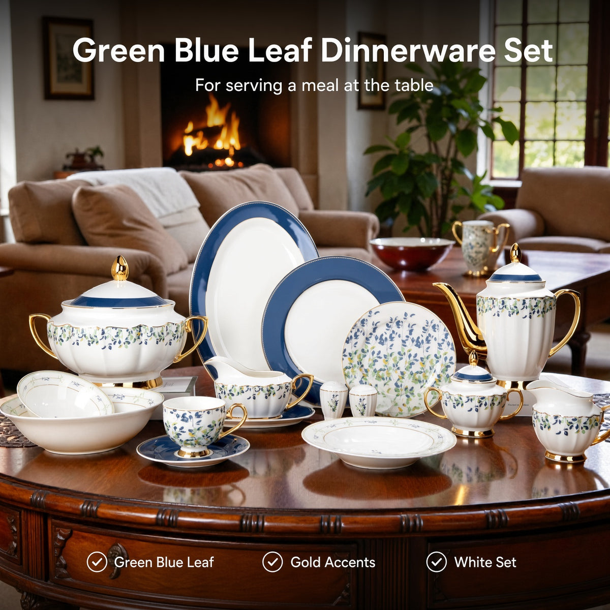 Johnson Bros Inspired Green Green & Blue Leaves Patterns Bone China Dinner Set