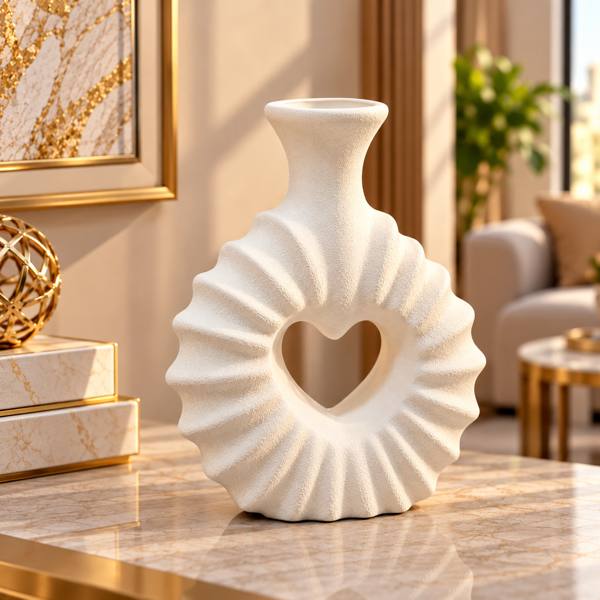 WHITE HEART SHAPE OPEN CENTER RIBBED DECORATIVE VASE - SMALL