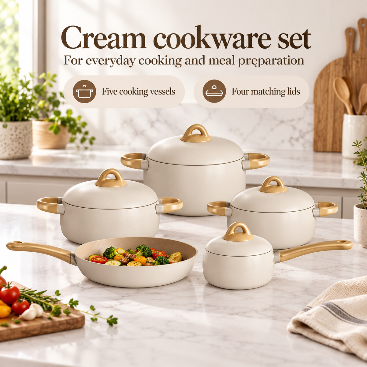 Ucclife Aluminum Non Stick Cookware Set 9 Piece - Cream