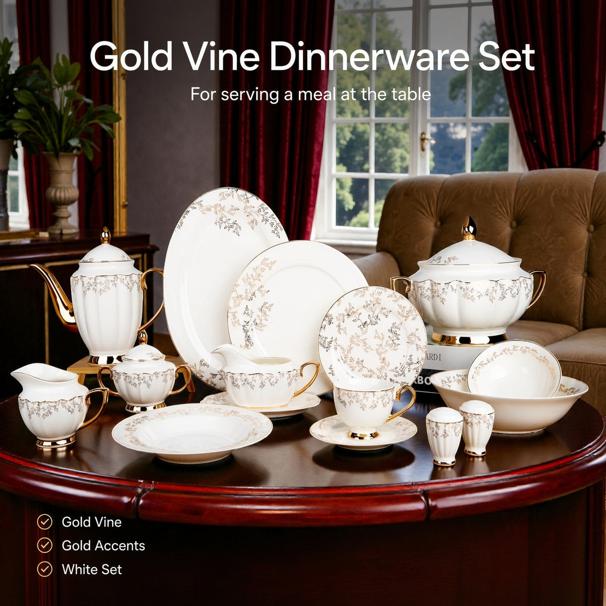 Johnson Bros Inspired Delicate Gold Vine Floral Patterns Bone China Dinner Set