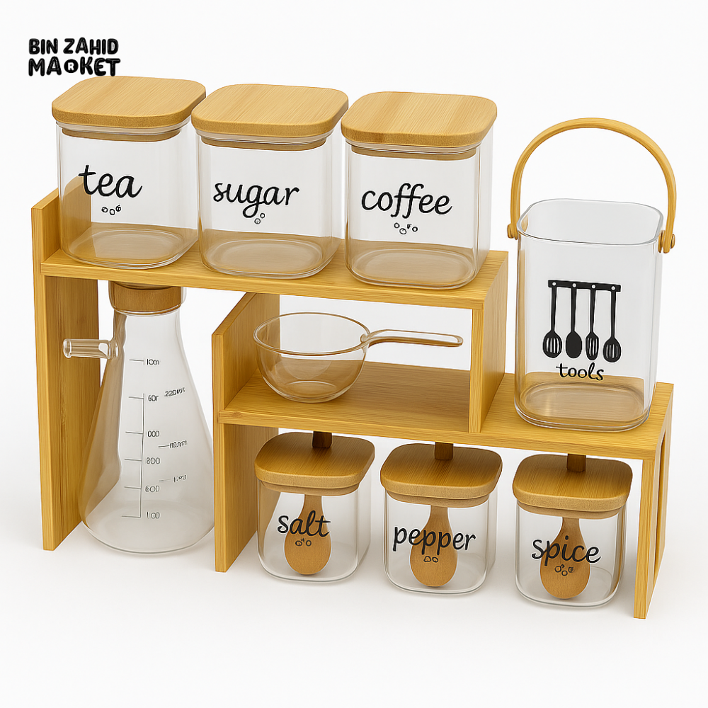 9-PIECE PREMIUM KITCHEN ORGANIZER SET WITH BAMBOO STAND - COMPLETE COUNTERTOP STORAGE SOLUTION