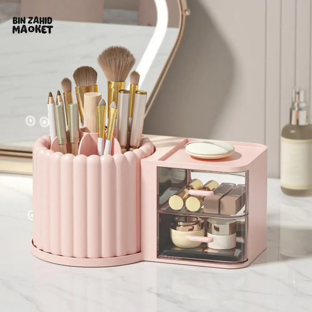 LUXORMOVE ROTATING STORAGE BOX WITH GROOVE DESIGN TRANSPARENT DRAWER FOR HOME OFFICE ORGANIZATIO - PINK