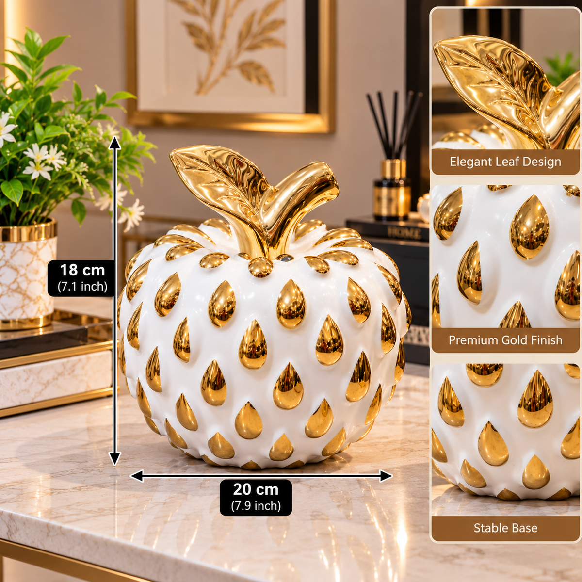 WHITE & GOLD APPLE DECORATIVE ORNAMENT - SMALL