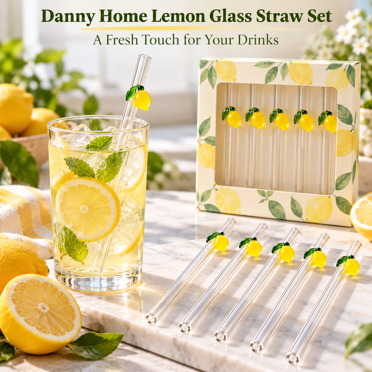 Danny Home 5 Piece Lemon Glass Straw Set