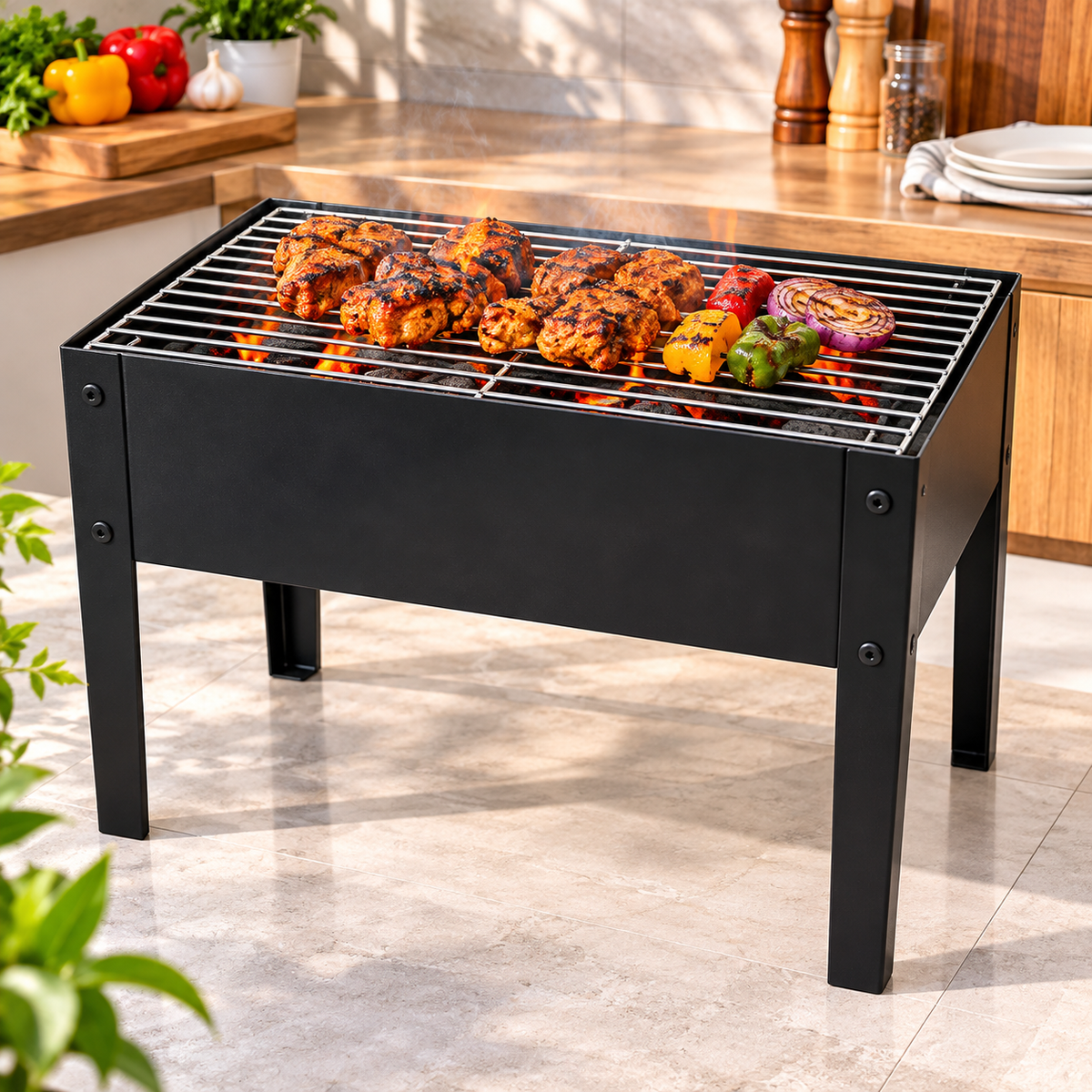 PORTABLE RECTANGULAR CHARCOAL BBQ GRILL WITH METAL STAND - 50 cm